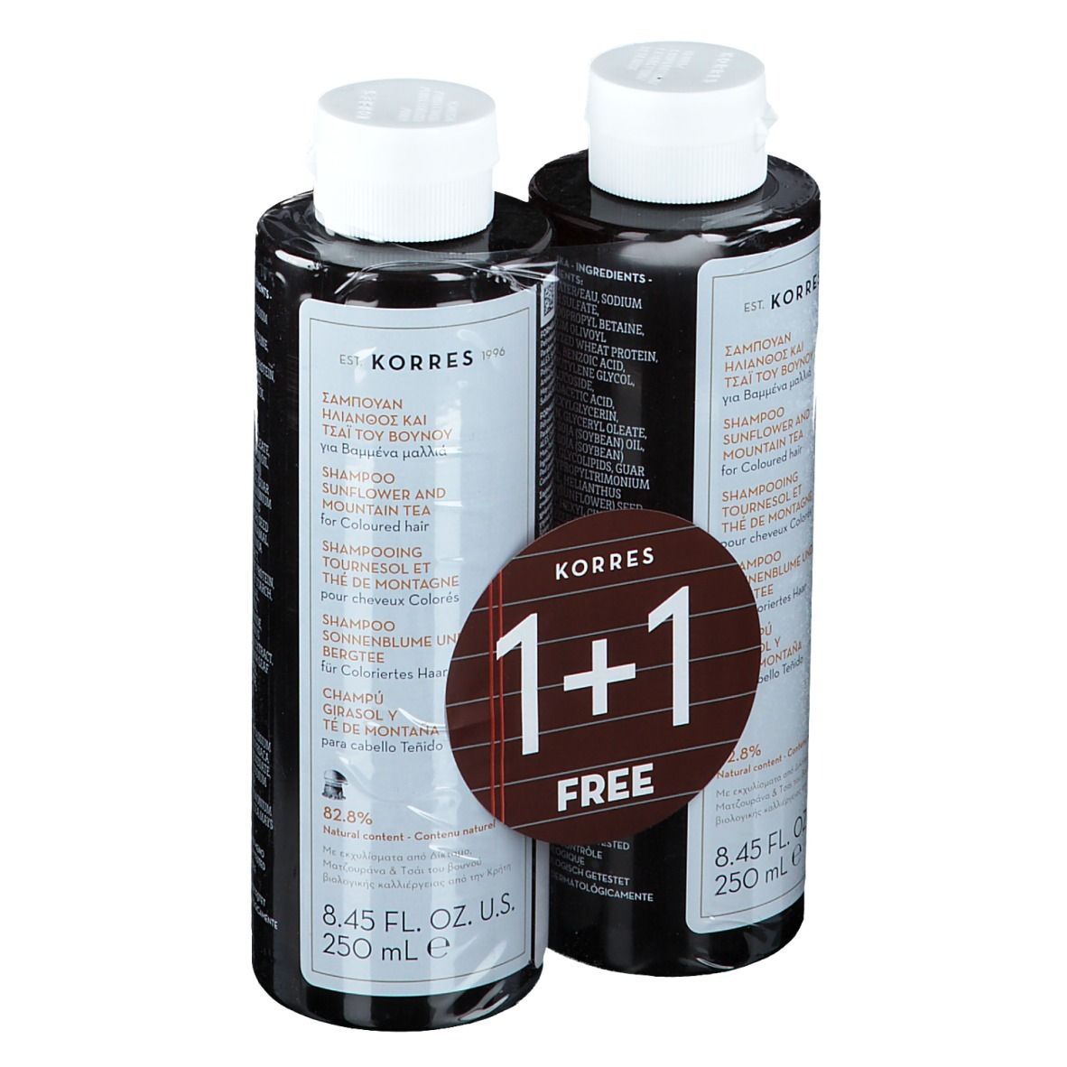 Due flaconi di shampoo. Adesivo "1+1 gratis". Flaconi neri, tappi bianchi. Testo: KORRES, Girasole & Tè di Montagna.