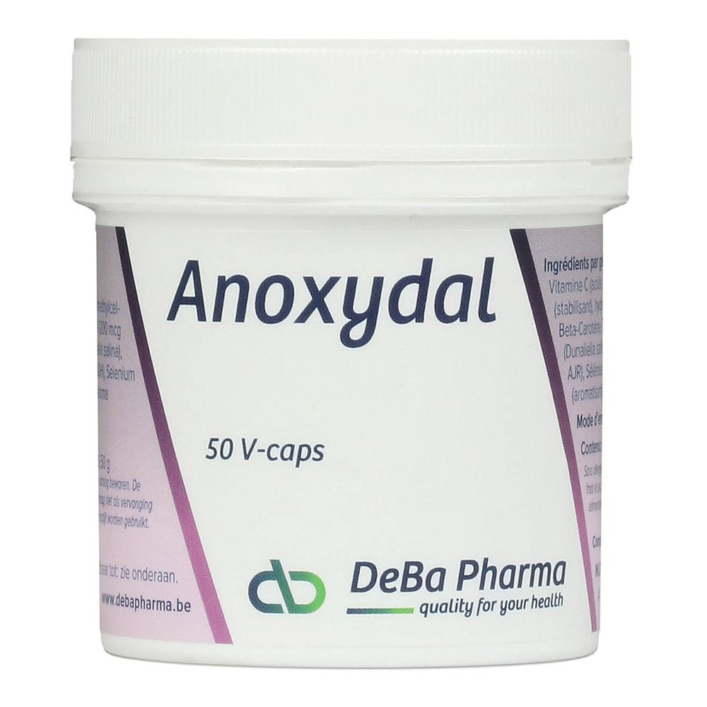 Barattolo bianco con Anoxydal, 50 V-caps. Logo DeBa Pharma. Elenco ingredienti e informazioni sul barattolo.