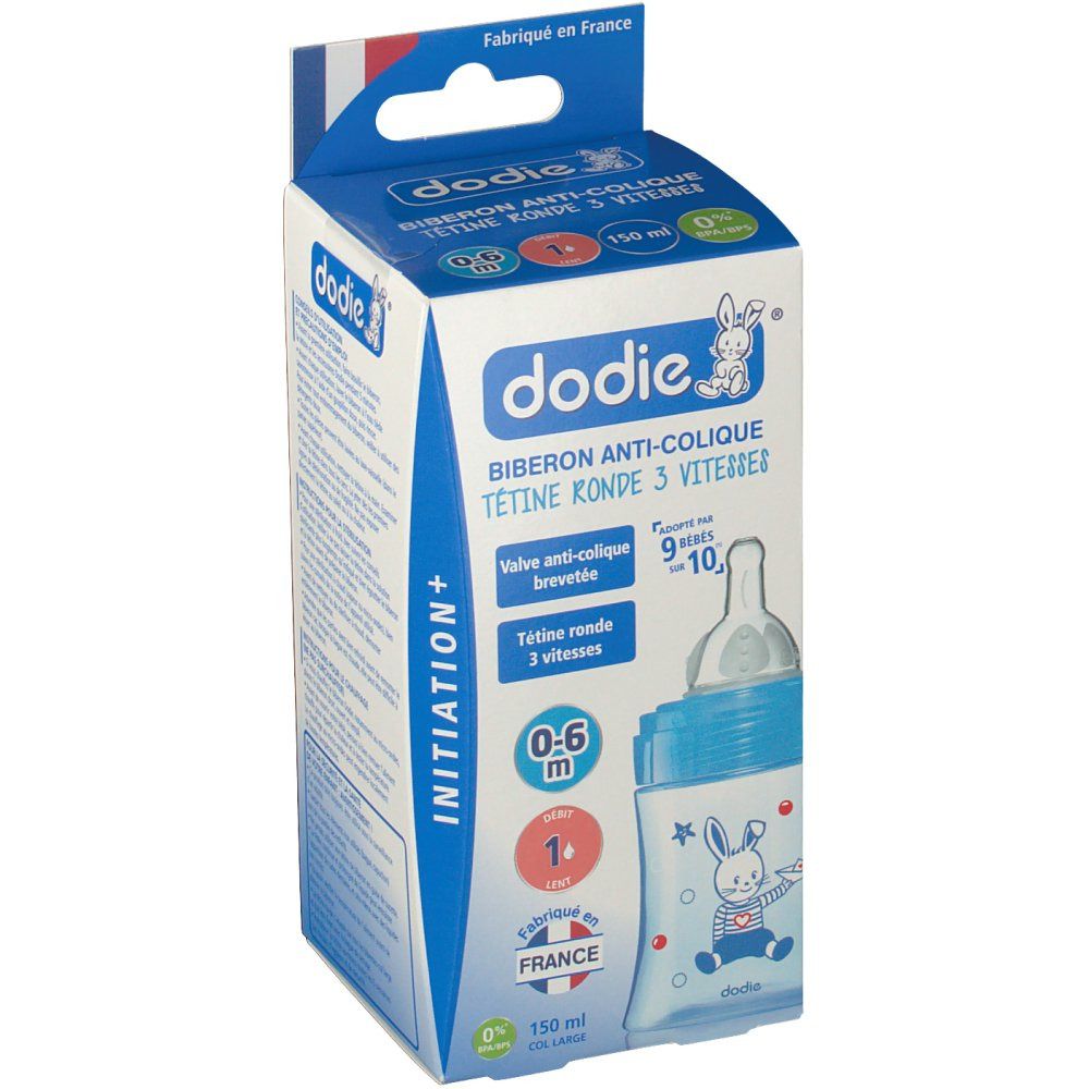Confezione biberon. Biberon blu con motivo coniglio, 0-6 mesi, 150 ml. Testo: dodie®, Biberon Anti-Colique, Tetine Ronde 3 Vitesses.