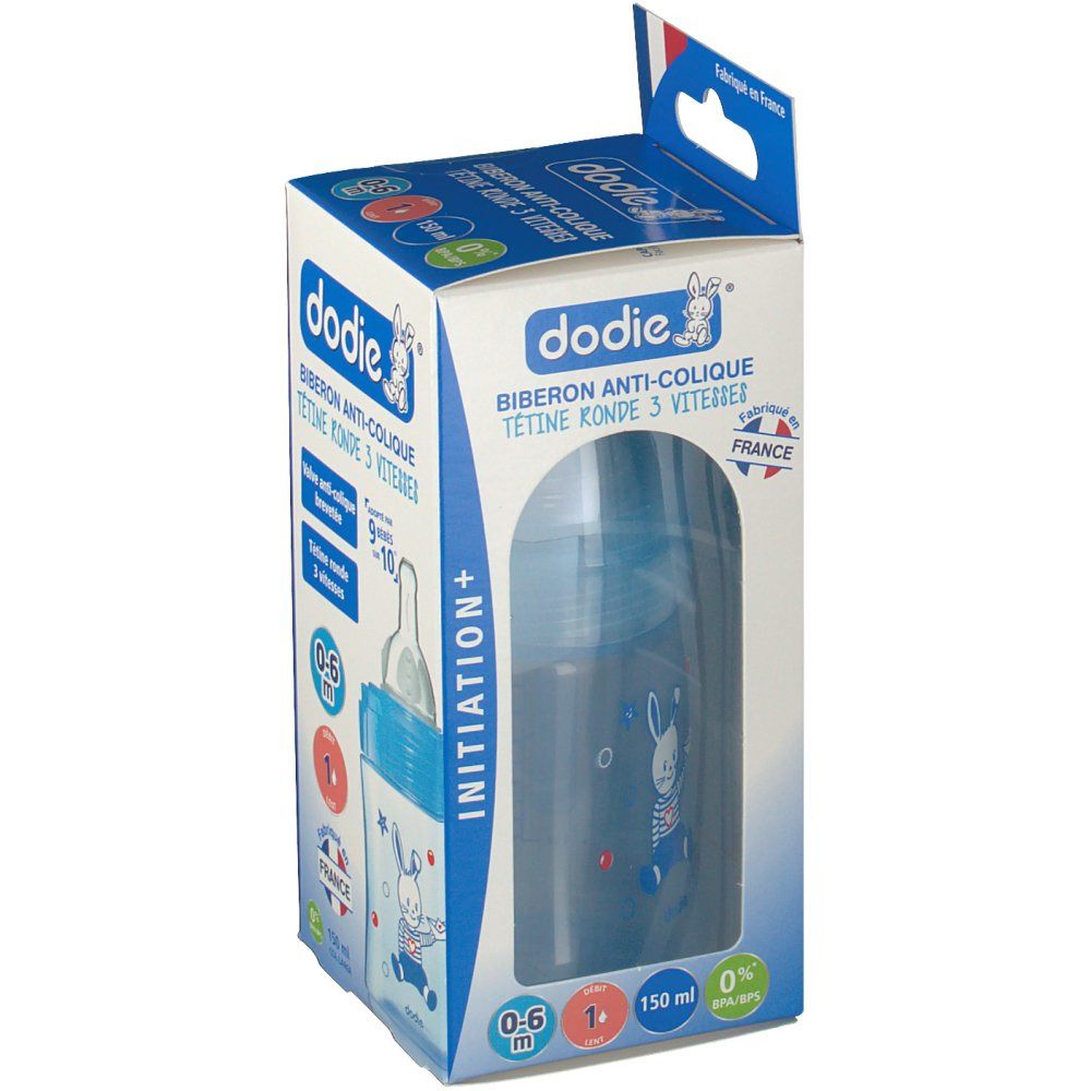 Confezione biberon. Biberon blu con motivo coniglio, 0-6 mesi, 150 ml. Testo: dodie®, Biberon Anti-Colique, Tetine Ronde 3 Vitesses.