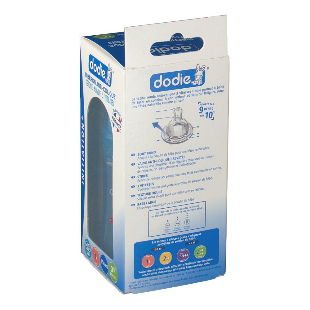 Retro della confezione. Testo: dodie®, Biberon Anti-Colique, Tetine Ronde 3 Vitesses. Illustrazioni delle caratteristiche e informazioni del biberon.