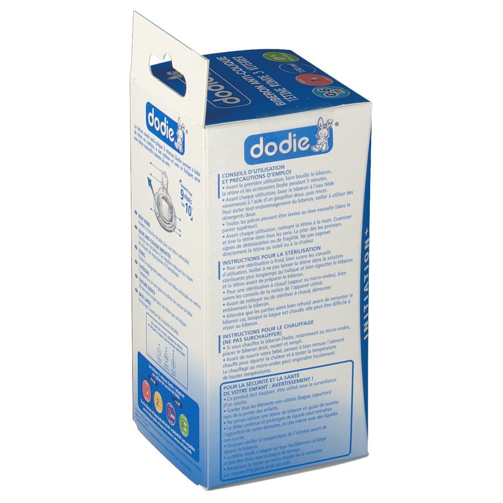 Retro della confezione. Testo: dodie®, Biberon Anti-Colique, Tetine Ronde 3 Vitesses. Istruzioni e informazioni per l'uso.
