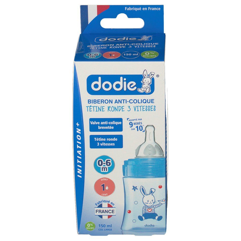 Confezione biberon. Biberon blu con motivo coniglio, 0-6 mesi, 150 ml. Testo: dodie®, Biberon Anti-Colique, Tetine Ronde 3 Vitesses.