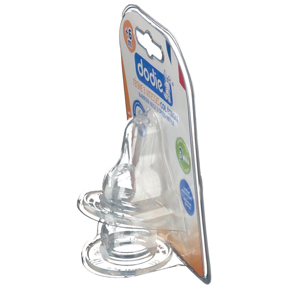 Tettarella in blister, vista laterale. Scritte: dodie®, 3 velocità, sistema anti-colica.