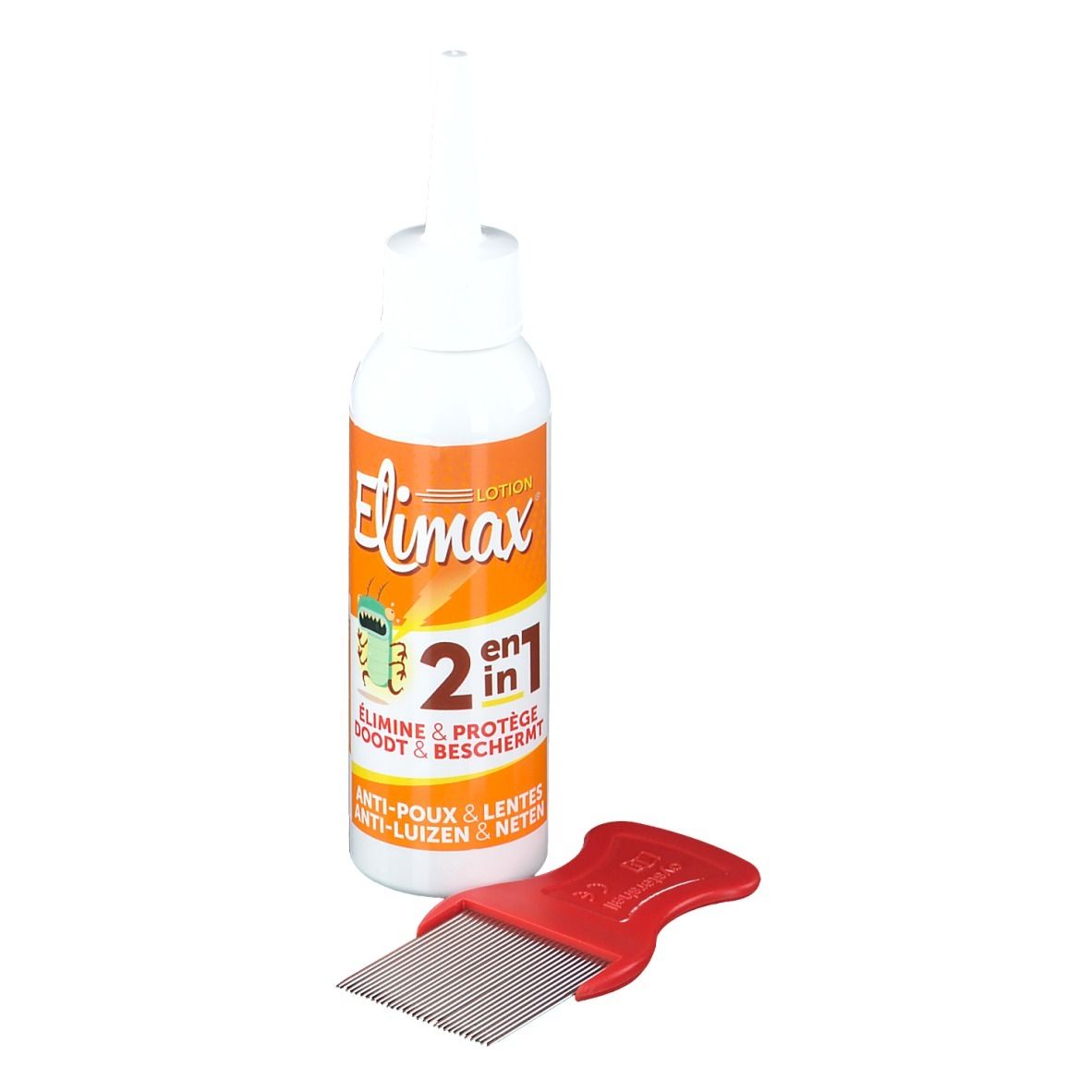 Flacone bianco con etichetta arancione e pettine rosso. L'etichetta riporta "Elimax".