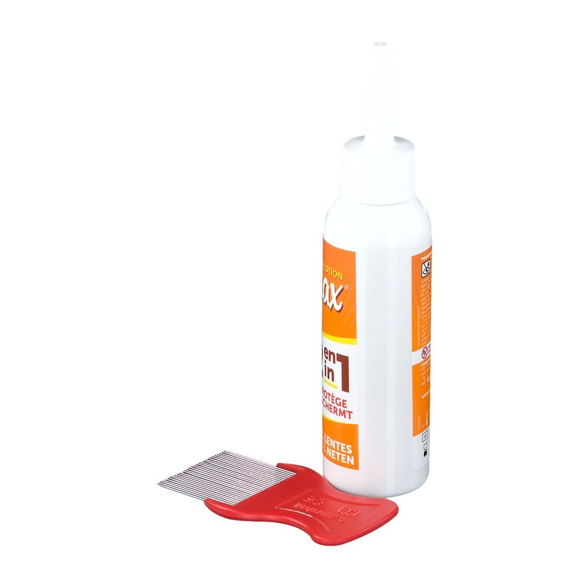 Flacone bianco con etichetta arancione e pettine rosso. L'etichetta riporta "Elimax".