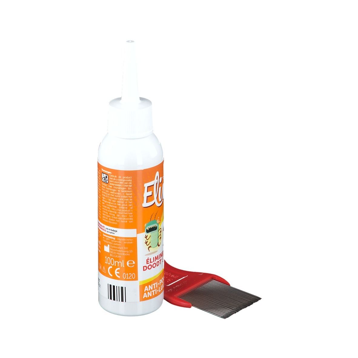 Flacone bianco con etichetta arancione e pettine rosso. L'etichetta riporta "Elimax".