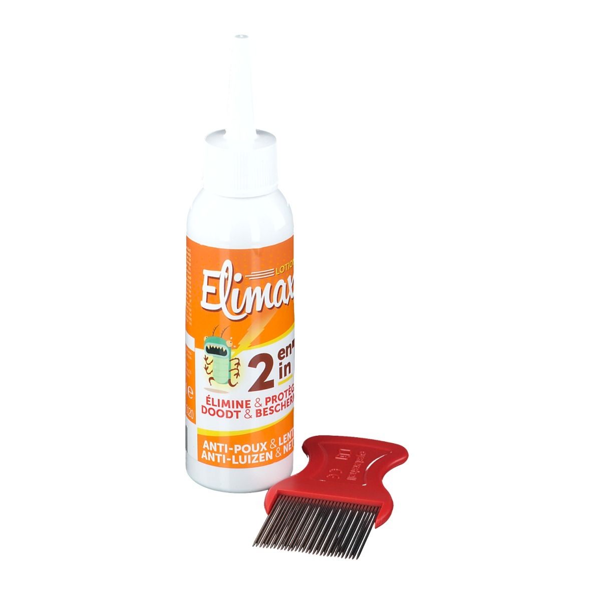 Flacone bianco con etichetta arancione e pettine rosso. L'etichetta riporta "Elimax".