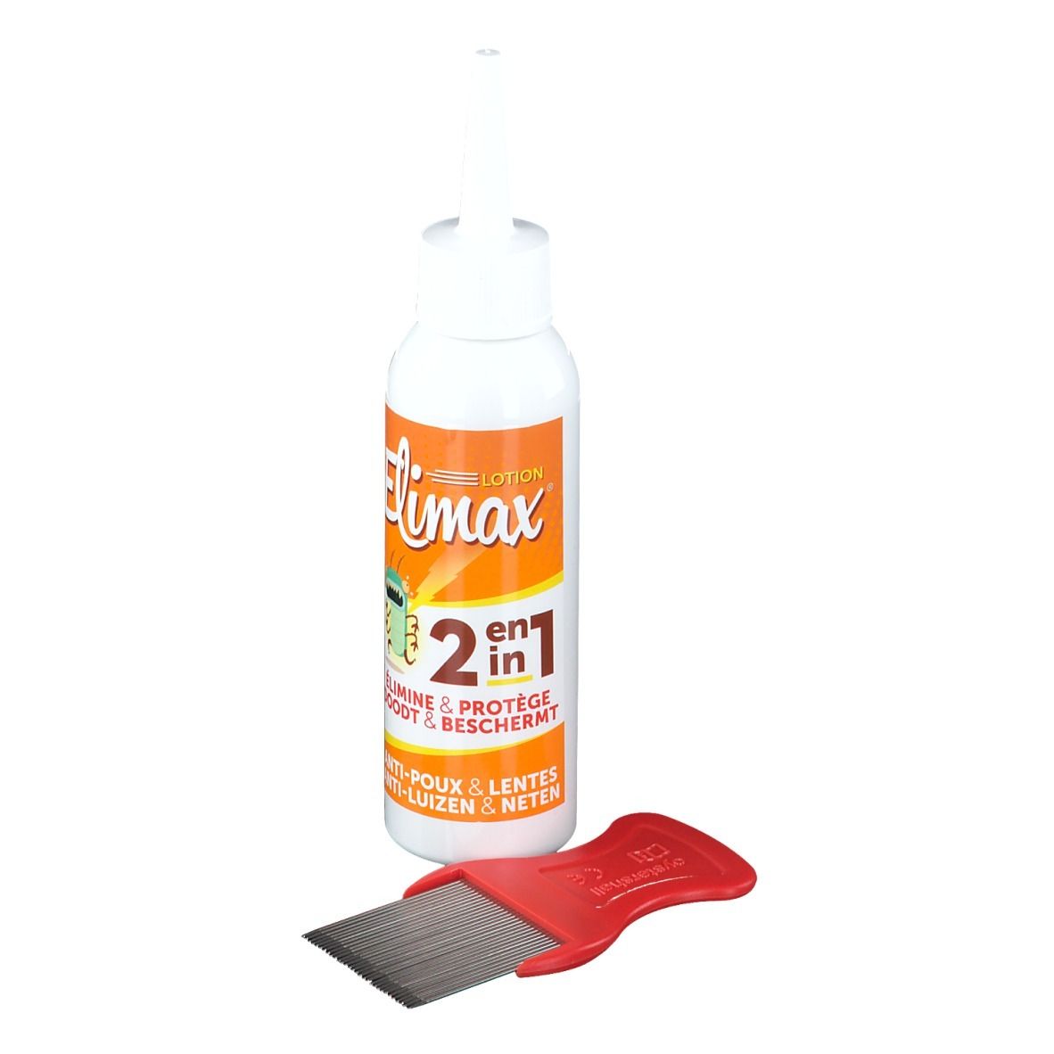 Flacone bianco con etichetta arancione e pettine rosso. L'etichetta riporta "Elimax".