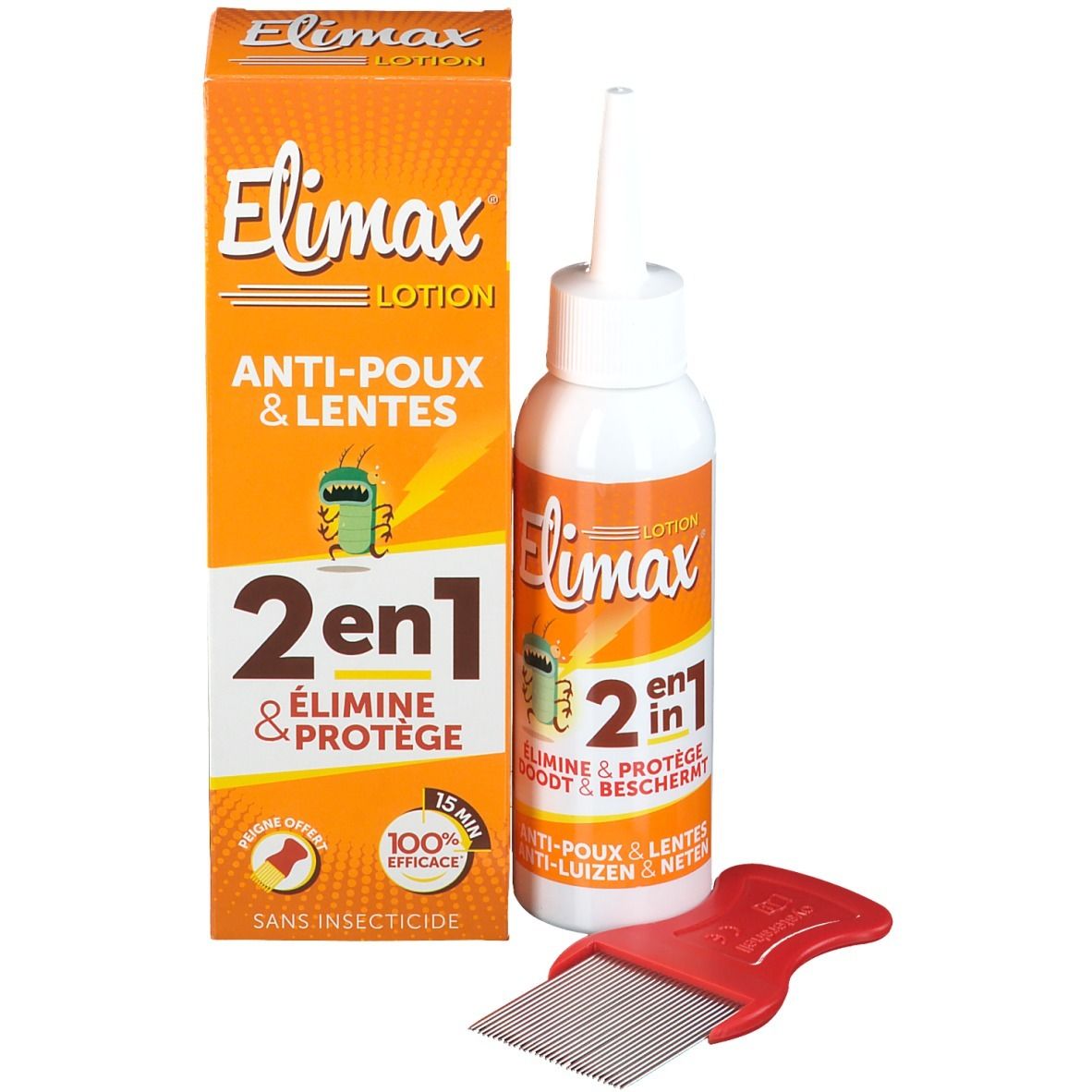 Confezione del prodotto Elimax con flacone e pettine. Confezione arancione con nome e logo del prodotto.