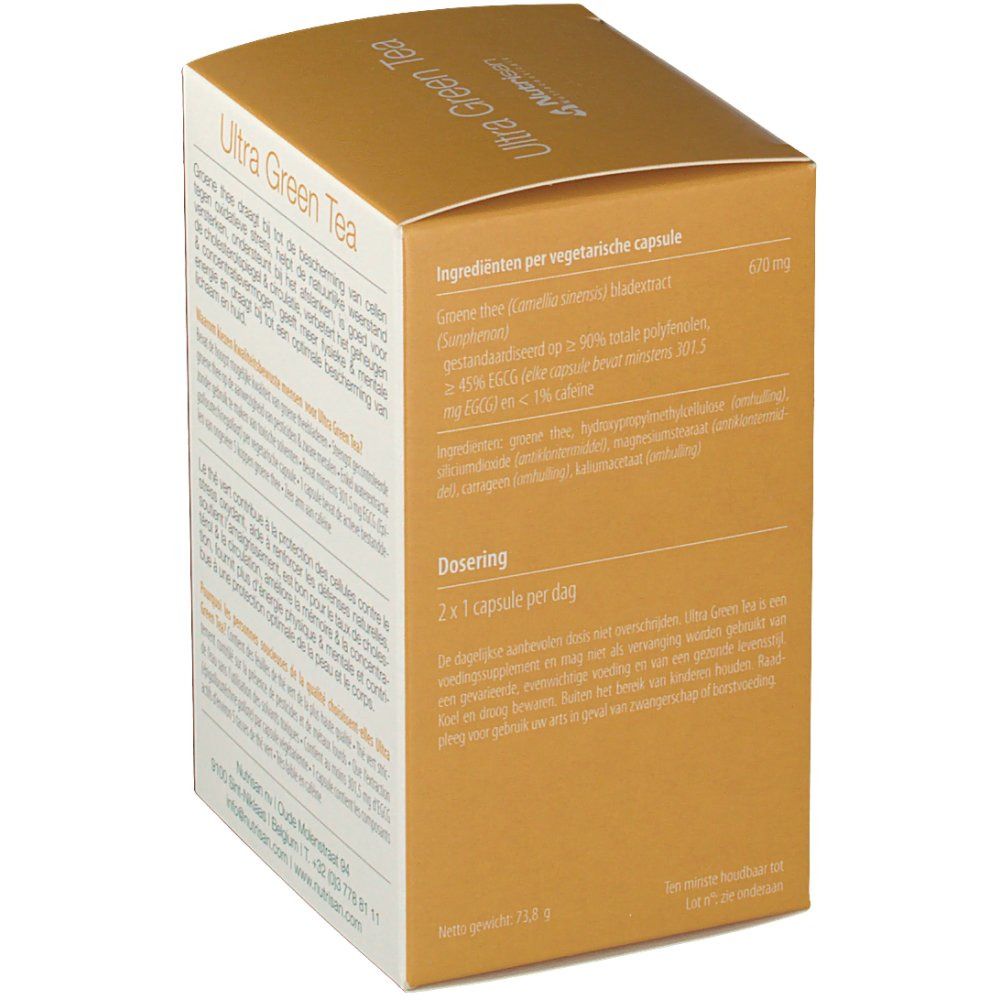 Confezione di Nutrisan Ultra Green Tea. Testo in olandese. Sfondo dorato.