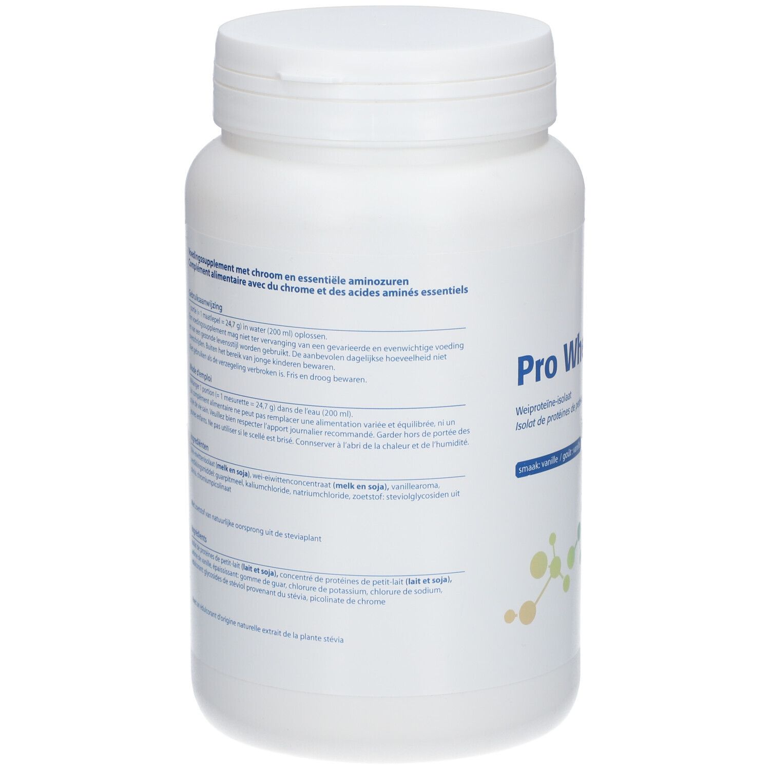 Due contenitori Pro Whey. Scritta: Nuovo packaging, stessa formula. Logo Metagenics. Contenitore e capsule Pro Whey.