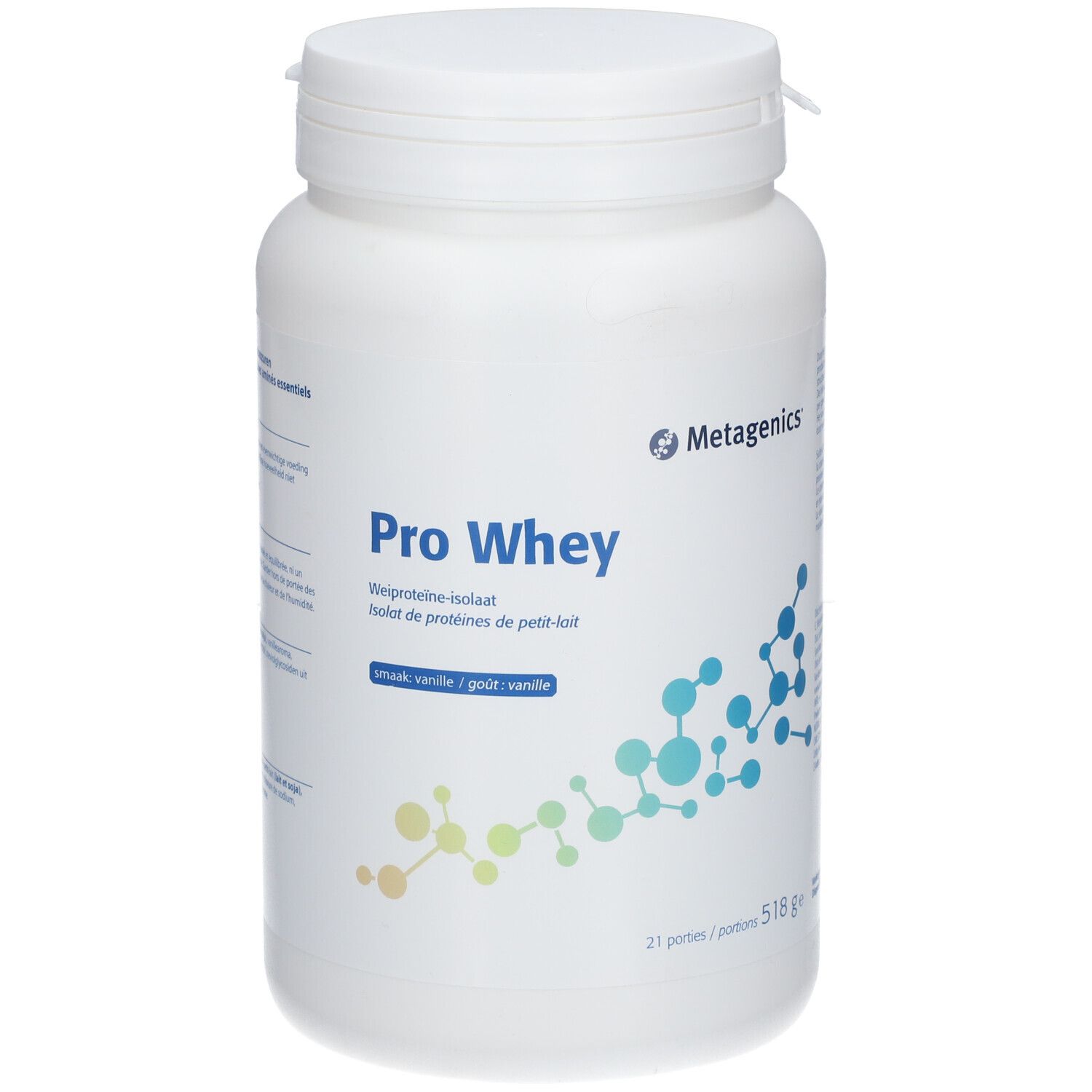 Contenitore bianco Pro Whey Metagenics. Scritta: Pro Whey, isolato di proteine del siero del latte, gusto vaniglia. 21 porzioni.