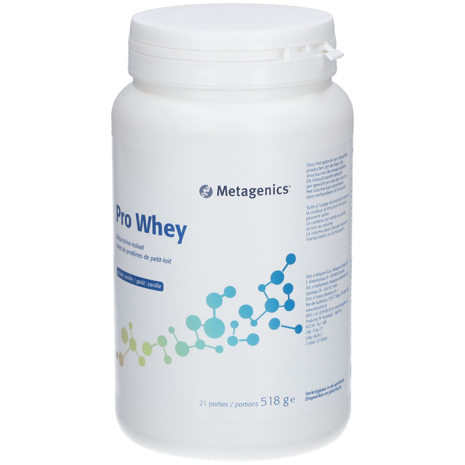 Contenitore bianco Pro Whey Metagenics. Scritta: Pro Whey, isolato di proteine del siero del latte, gusto vaniglia. 21 porzioni.