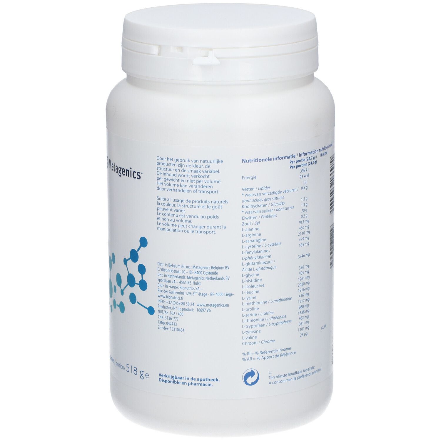 Retro di un contenitore Pro Whey bianco. Contiene informazioni sugli ingredienti e il valore nutrizionale. Logo Metagenics.