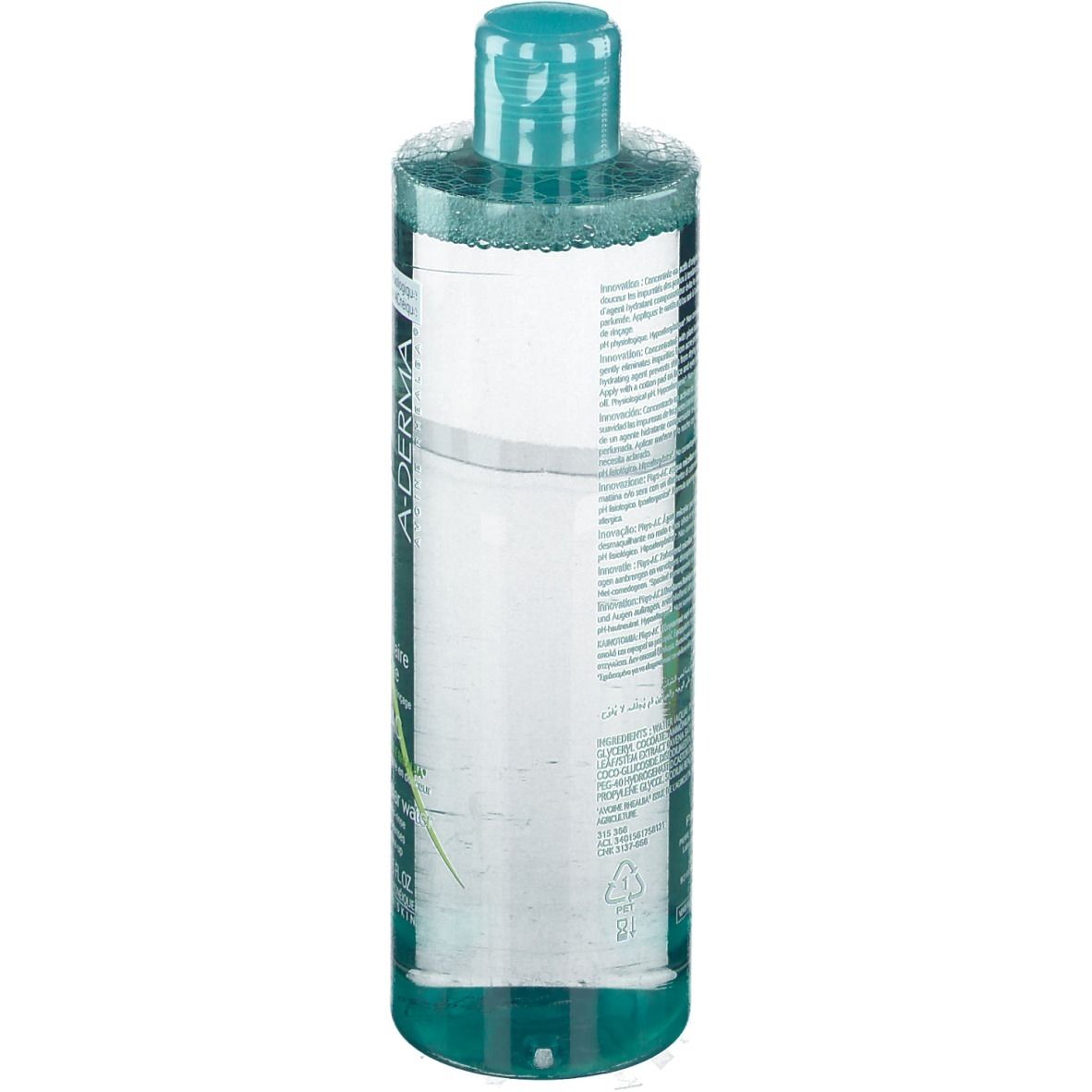 Flacone cilindrico trasparente con tappo verde. Scritte A-Derma e informazioni sul prodotto.