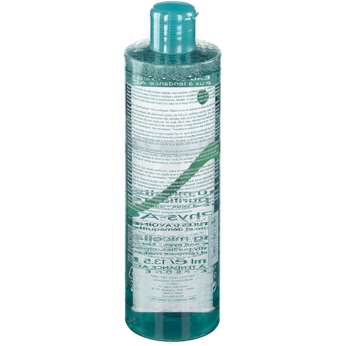 Flacone cilindrico trasparente con tappo verde. Scritte A-Derma e informazioni sul prodotto.