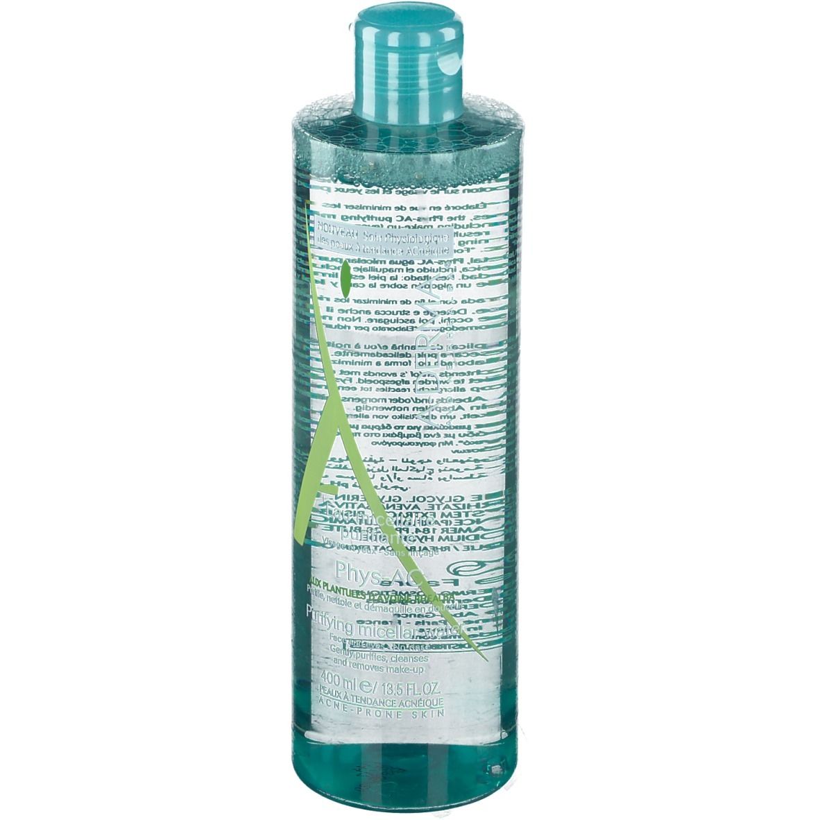 Flacone cilindrico trasparente con tappo verde. Scritte A-Derma e informazioni sul prodotto.