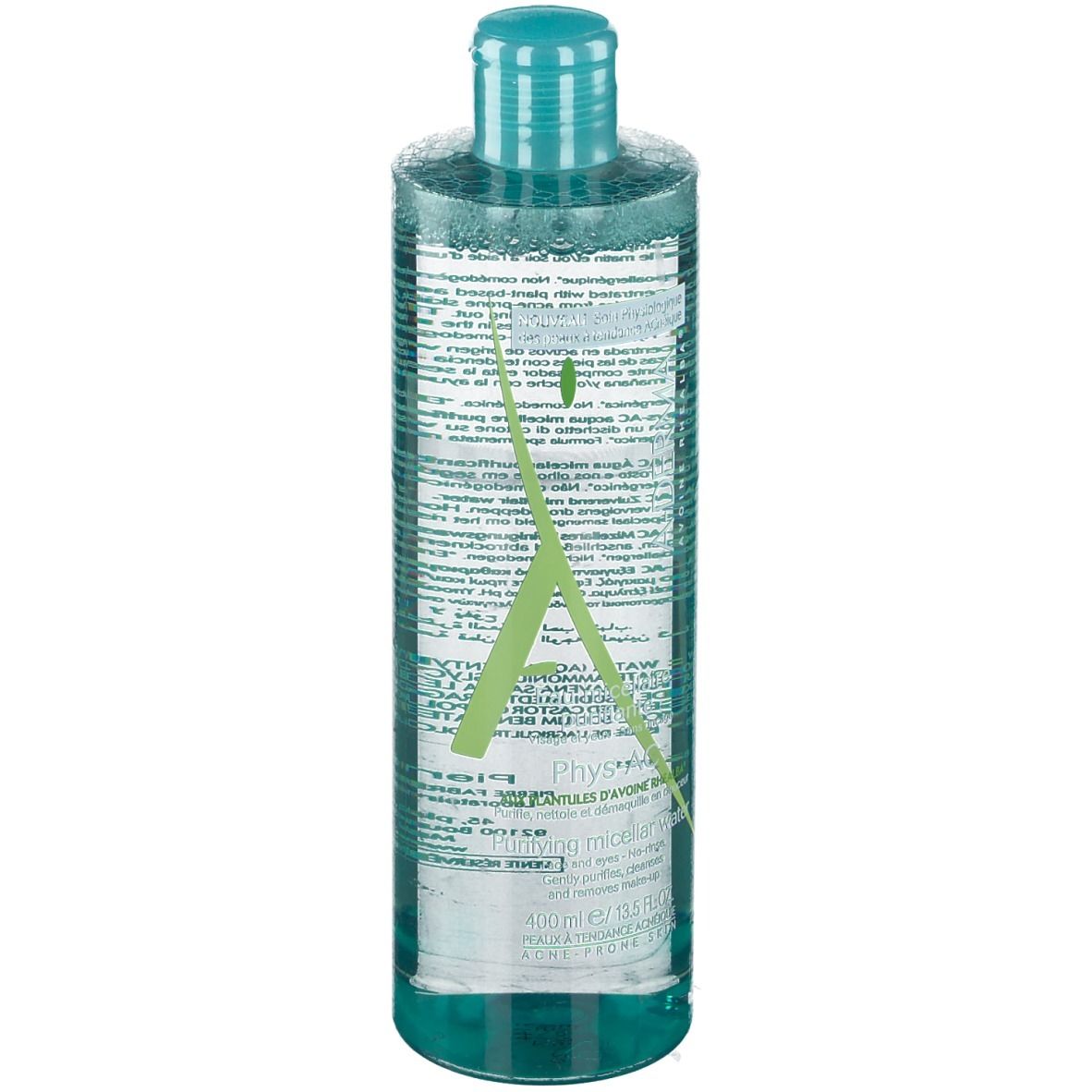 Flacone cilindrico trasparente con tappo verde. Scritte A-Derma e informazioni sul prodotto.