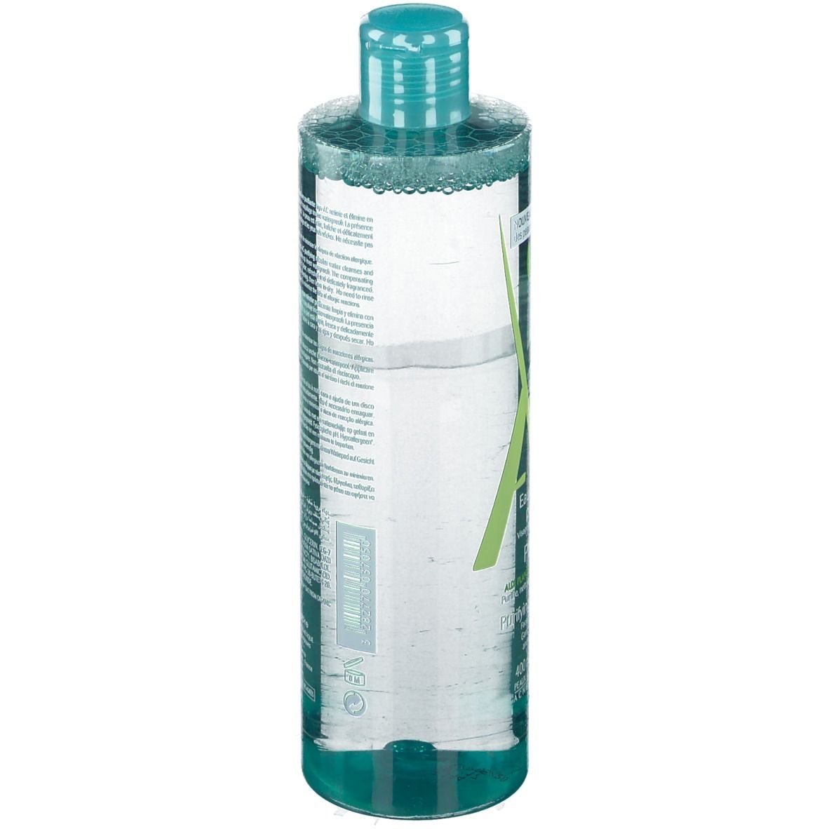 Flacone cilindrico trasparente con tappo verde. Scritte A-Derma e informazioni sul prodotto.