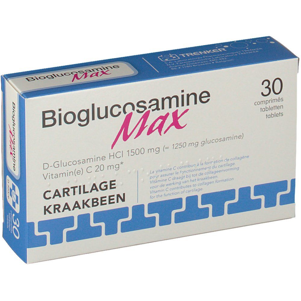 Scatola blu e bianca "Bioglucosamine Max" con 30 compresse. Scritto: D-Glucosamina HCl 1500 mg, Vitamina C 20 mg.