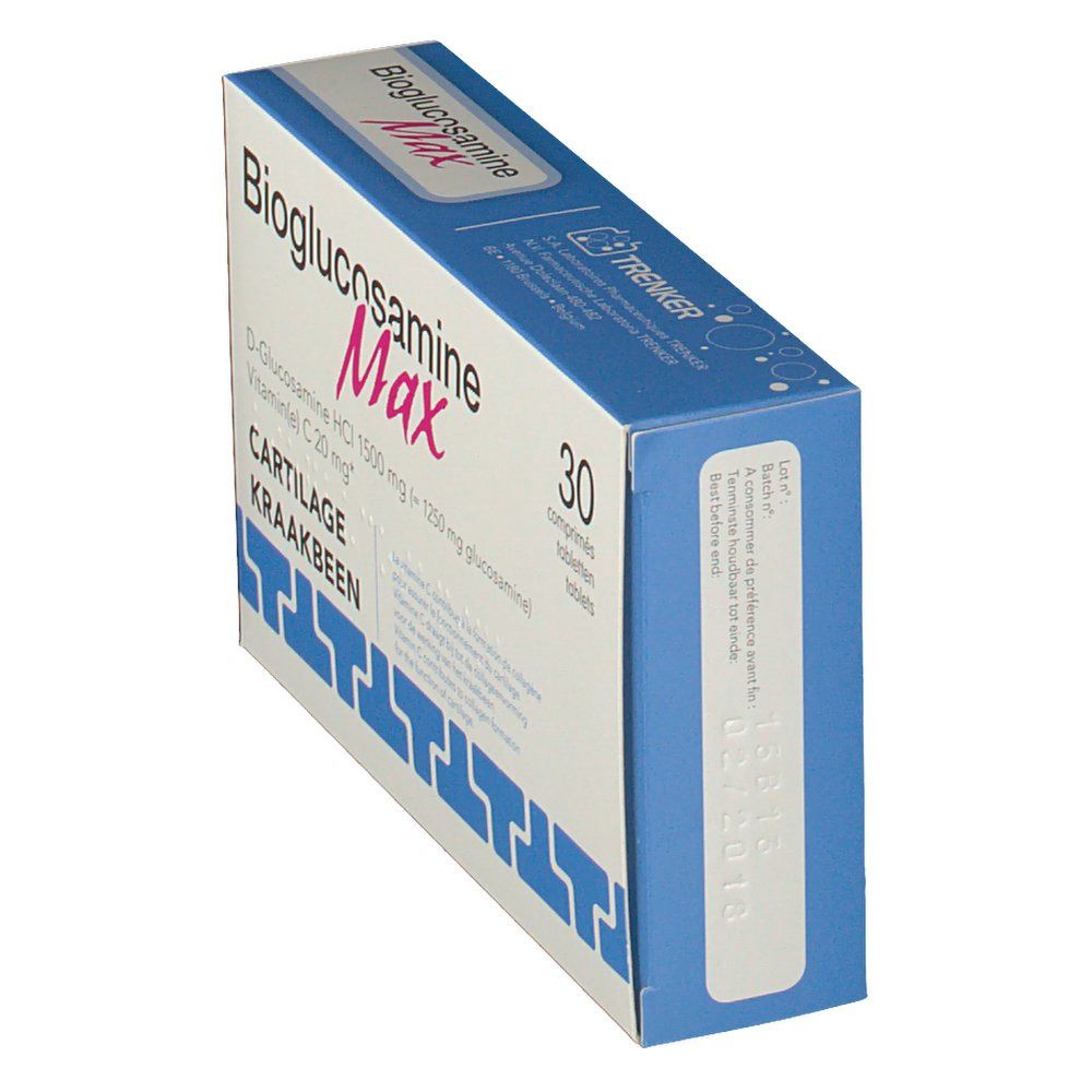 Scatola "Bioglucosamine Max" in prospettiva. Contiene 30 compresse. Scritto: D-Glucosamina HCl 1500 mg, Vitamina C 20 mg. Con data.