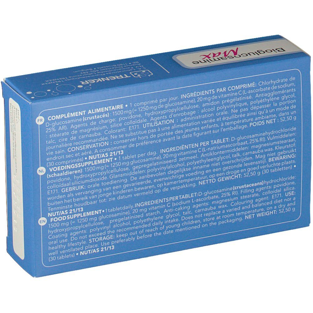 Retro della scatola "Bioglucosamine Max". Contiene informazioni sugli ingredienti e l'uso. Testo multilingue.
