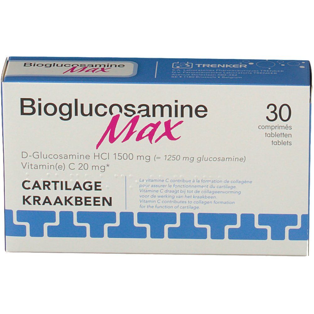 Scatola blu e bianca "Bioglucosamine Max" con 30 compresse. Scritto: D-Glucosamina HCl 1500 mg, Vitamina C 20 mg. Logo.
