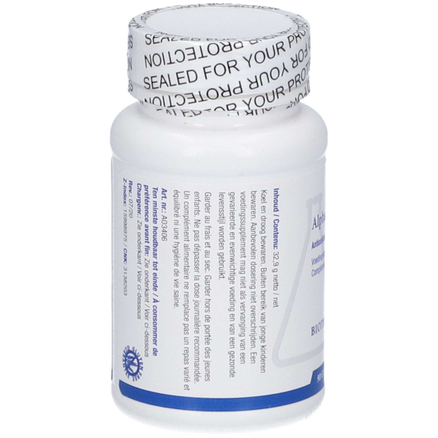 Flacone bianco con tappo a vite. Scritta: Alpha Lipon, Biotics. Sigillo: Sealed for your protection. Testo in più lingue.
