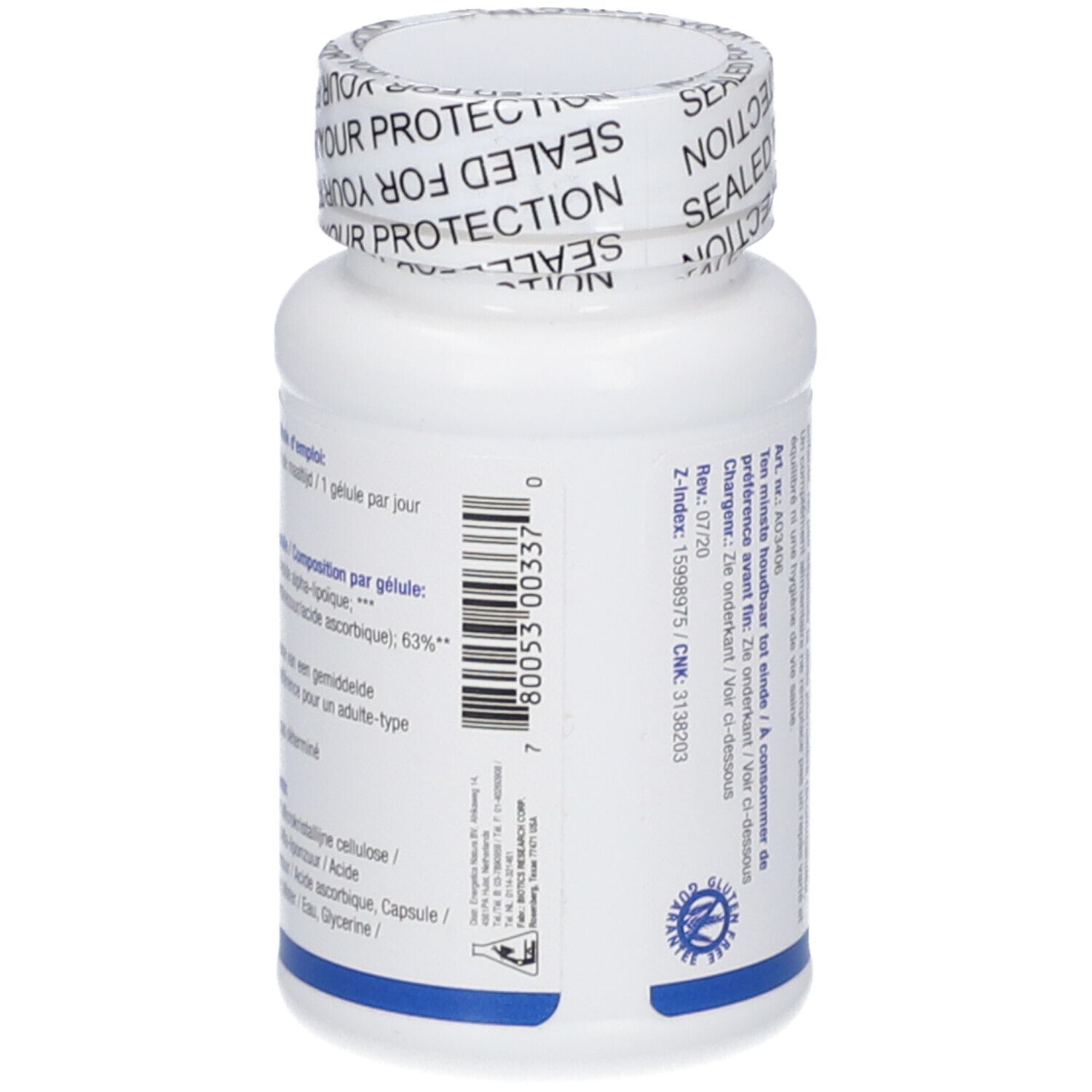 Flacone bianco con tappo a vite. Scritta: Alpha Lipon, Biotics. Sigillo: Sealed for your protection. Testo in più lingue.