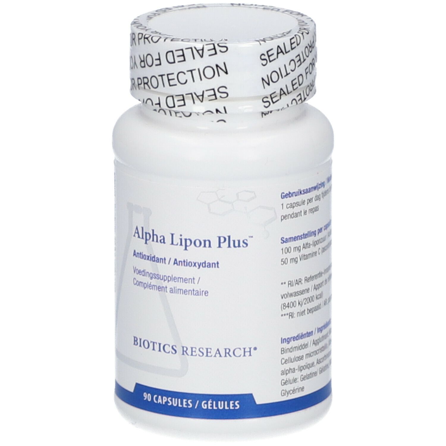 Flacone bianco con tappo a vite. Scritta: Alpha Lipon Plus, Biotics Research. 90 capsule. Testo in più lingue.