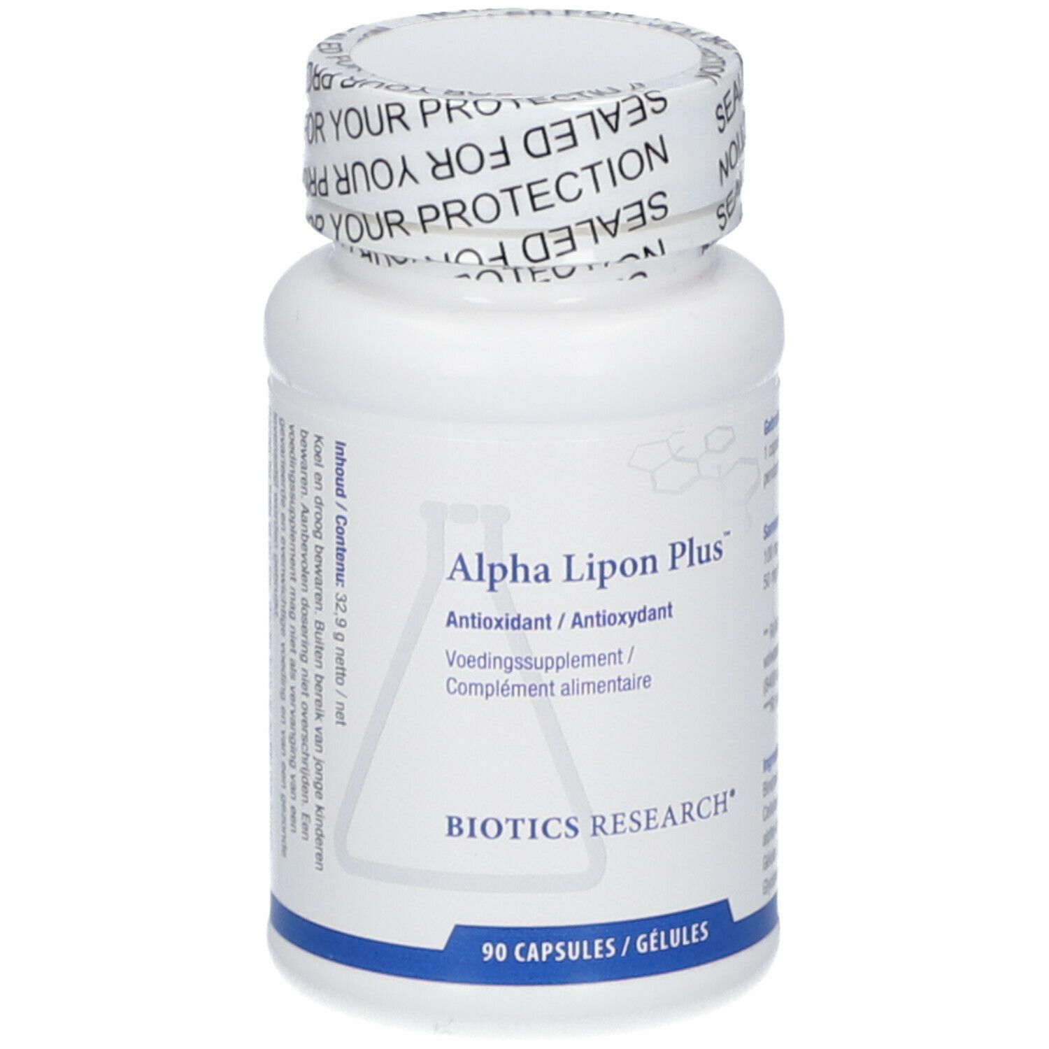 Flacone bianco con tappo a vite. Scritta: Alpha Lipon Plus, Biotics Research. 90 capsule. Testo in più lingue.
