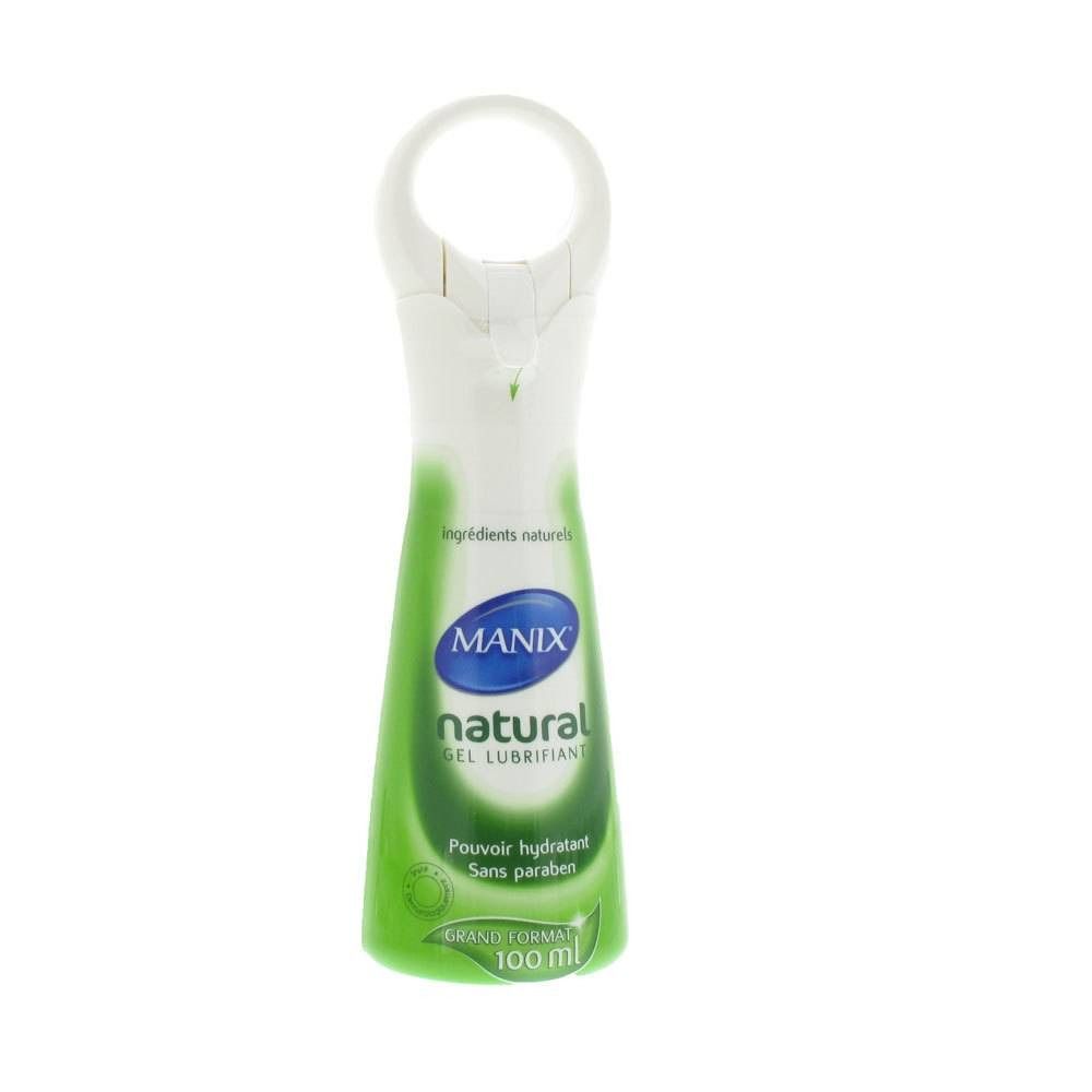 Flacone a pompa verde e bianco. Marchio ovale blu MANIX. Testo: natural, Gel Lubrifiant, Pouvoir hydratant, Sans paraben. In basso: 100 ml.