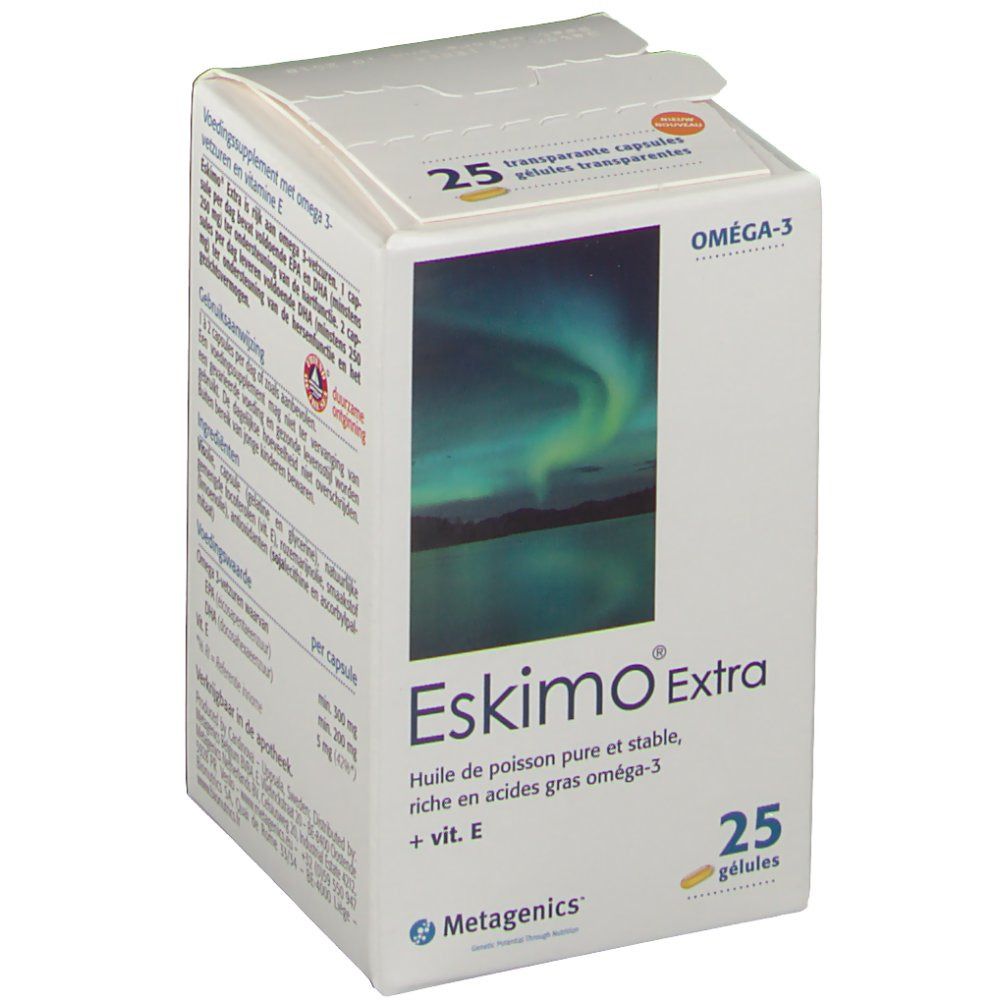 Scatola Eskimo Extra aperta. Testo: Oméga-3, 25 gélules transparentes. Immagine aurora boreale. Logo Metagenics.