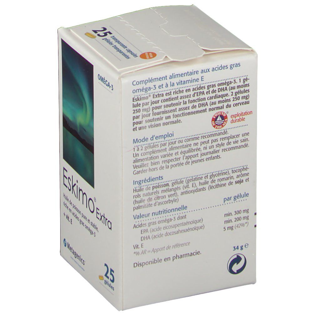 Scatola Eskimo Extra aperta. Testo: Oméga-3, 25 gélules. Informazioni prodotto. Immagine aurora boreale. Logo Metagenics.