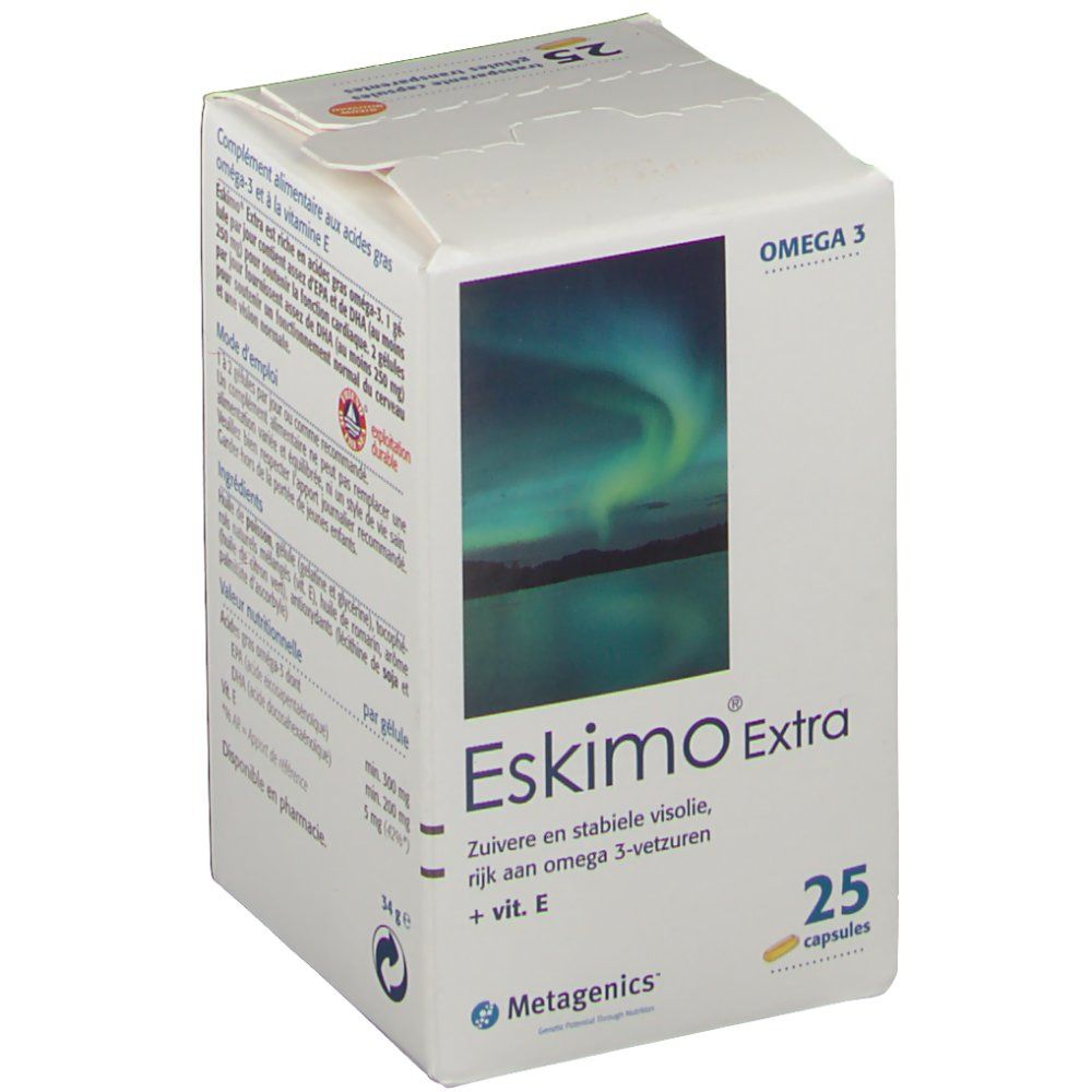 Scatola Eskimo Extra aperta. Testo: Oméga-3, 25 capsules. Immagine aurora boreale. Logo Metagenics.