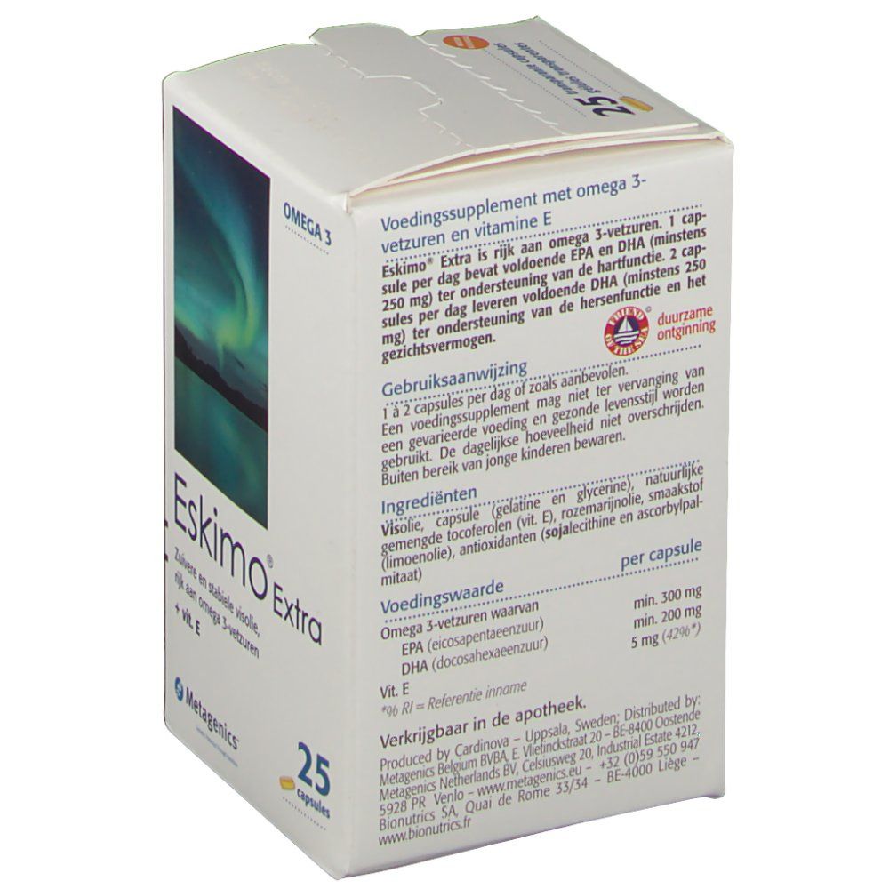 Scatola Eskimo Extra aperta. Testo: Oméga-3, 25 capsules. Informazioni prodotto. Logo Metagenics.