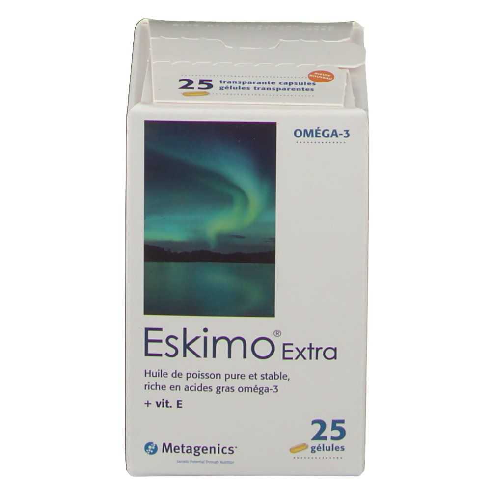 Scatola chiusa Eskimo Extra. Testo: Oméga-3, 25 gélules. Immagine aurora boreale. Logo Metagenics.