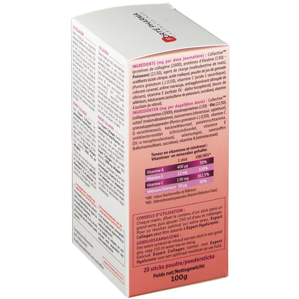 Lato della confezione di Forté Pharma Expert Collagène. Elenco degli ingredienti e informazioni nutrizionali. Testo in francese e olandese.
