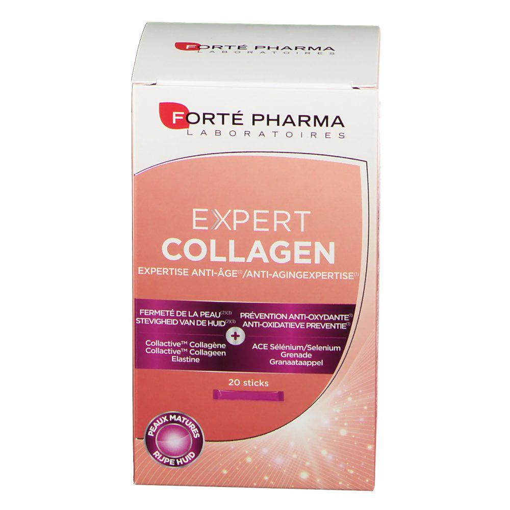 Fronte della confezione di Forté Pharma Expert Collagène. Design rosa e bianco con nome e logo. 20 stick.