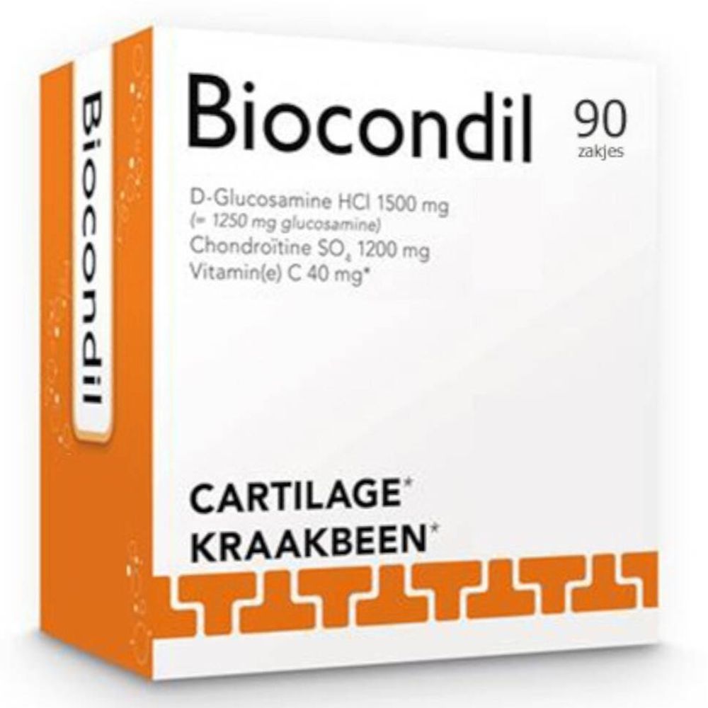 Scatola bianca e arancione con logo "Biocondil". Contiene 90 bustine. Scritta: "Cartilage Kraakbeen".