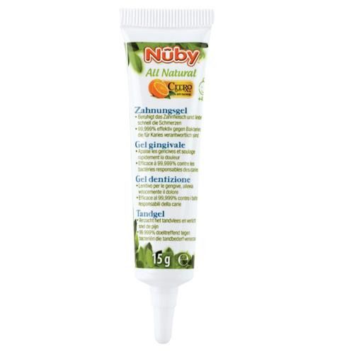 Tubo di gel dentale bianco, design verde e arancione. Testo in tedesco, francese, italiano e olandese. Marchio: Nuby.