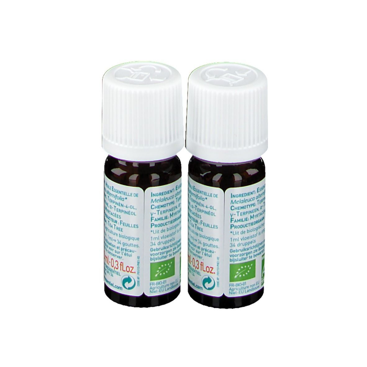 Due flaconi con tappo bianco. Scritta: Ingredienti, certificazione Bio, 0,3 fl.oz.