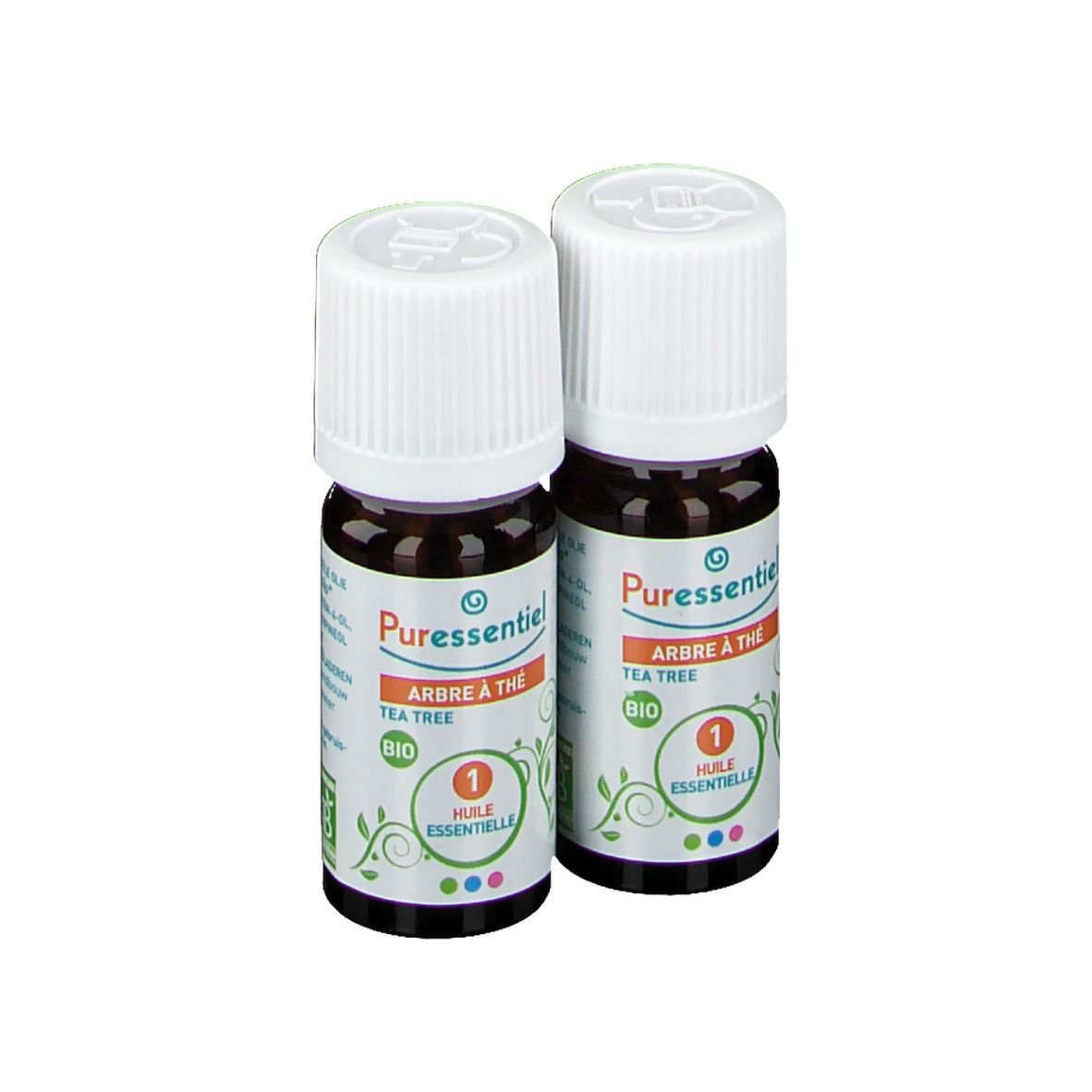 Due flaconi con tappo bianco. Scritta: Puressentiel, Arbre à thé, Bio, Huile essentielle.