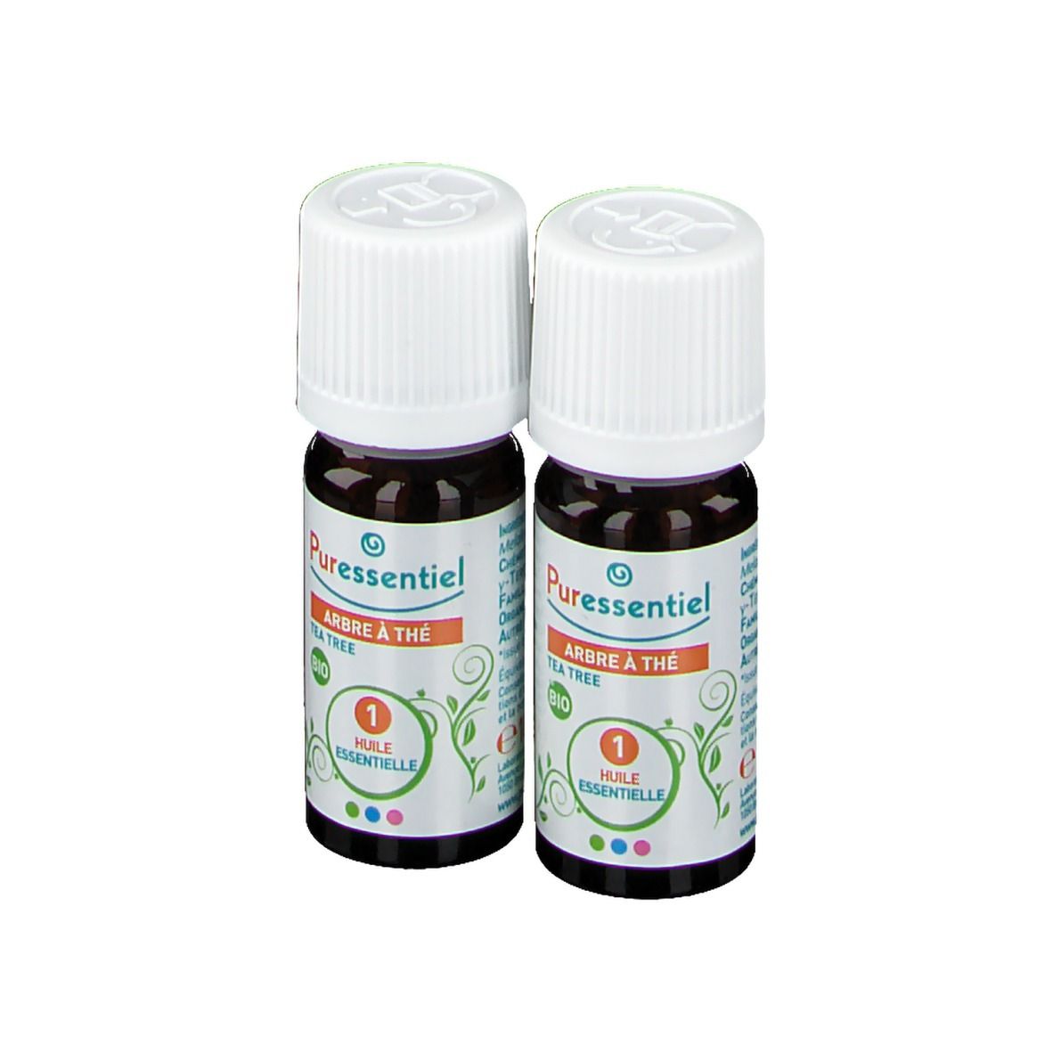 Due flaconi con tappo bianco. Scritta: Puressentiel, Arbre à thé, Bio, Huile essentielle.
