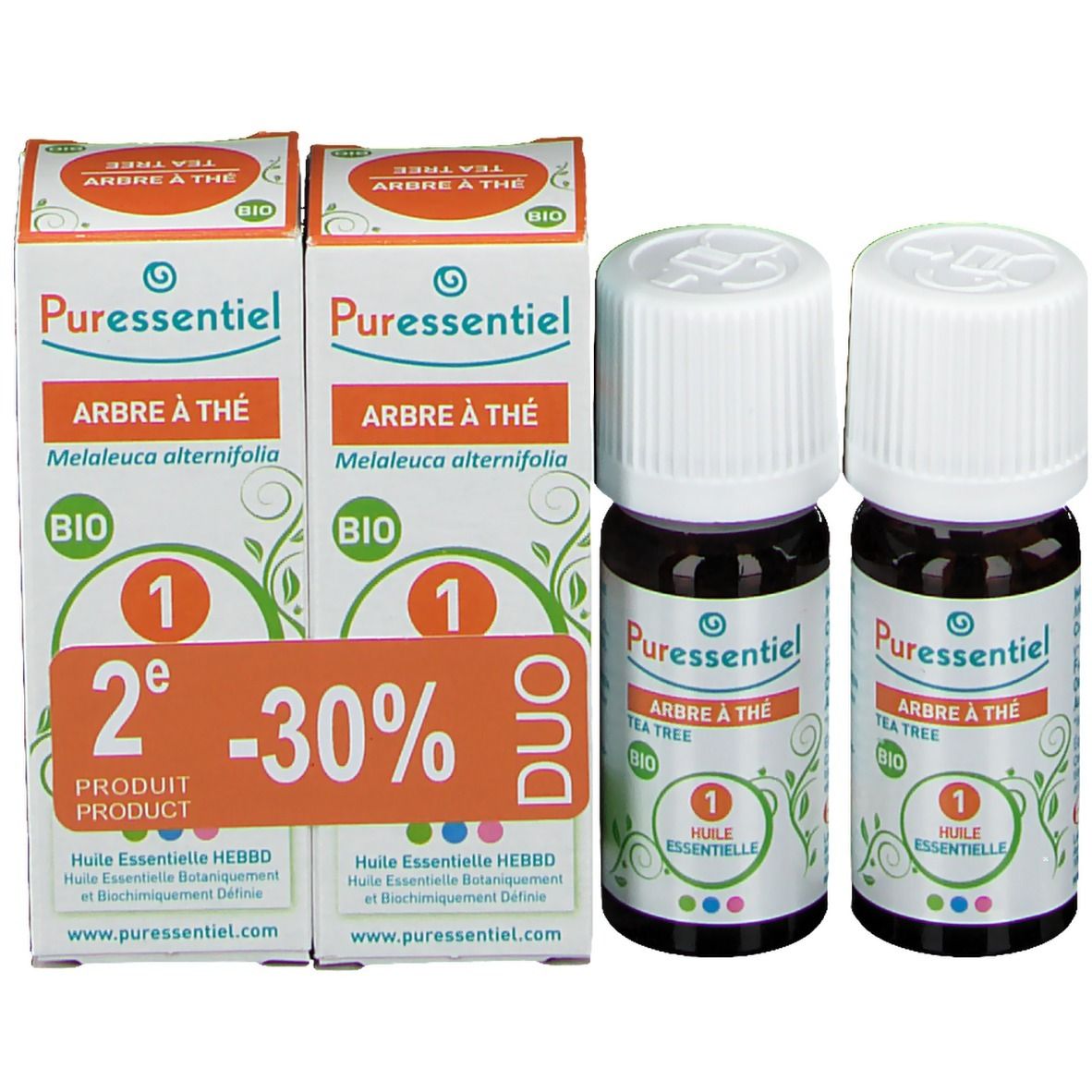 Due flaconi e due scatole. Scritta: Puressentiel, Arbre à thé, Bio, Duo, 2° prodotto -30%.