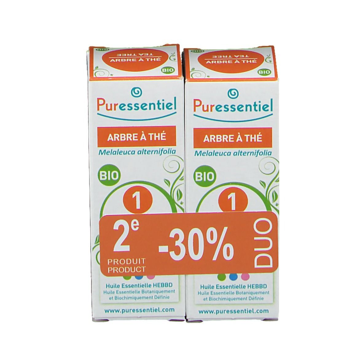 Due scatole. Scritta: Puressentiel, Arbre à thé, Bio, Duo, 2° prodotto -30%.