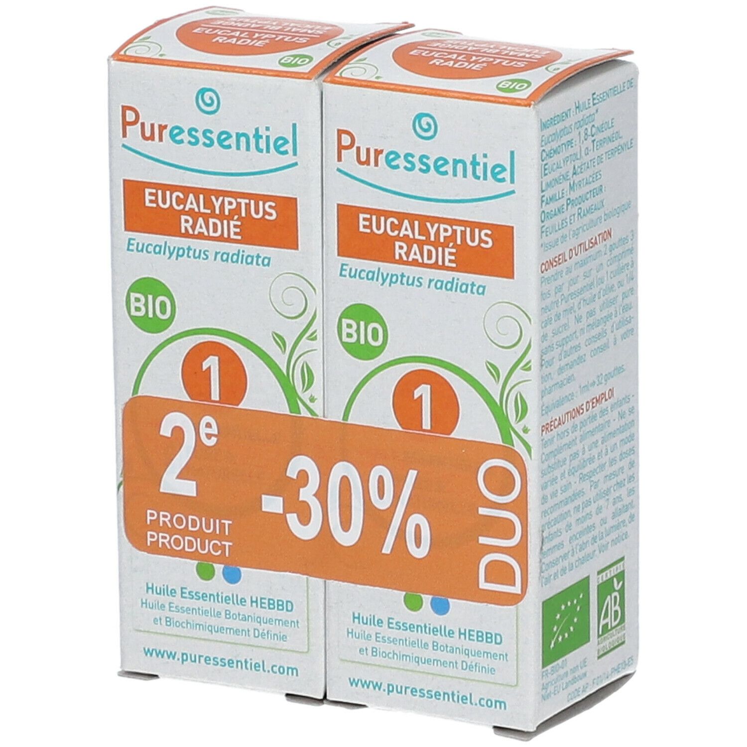 Due confezioni Puressentiel Eucalipto BIO. Etichetta arancione "2° prodotto -30%". Marchio BIO.