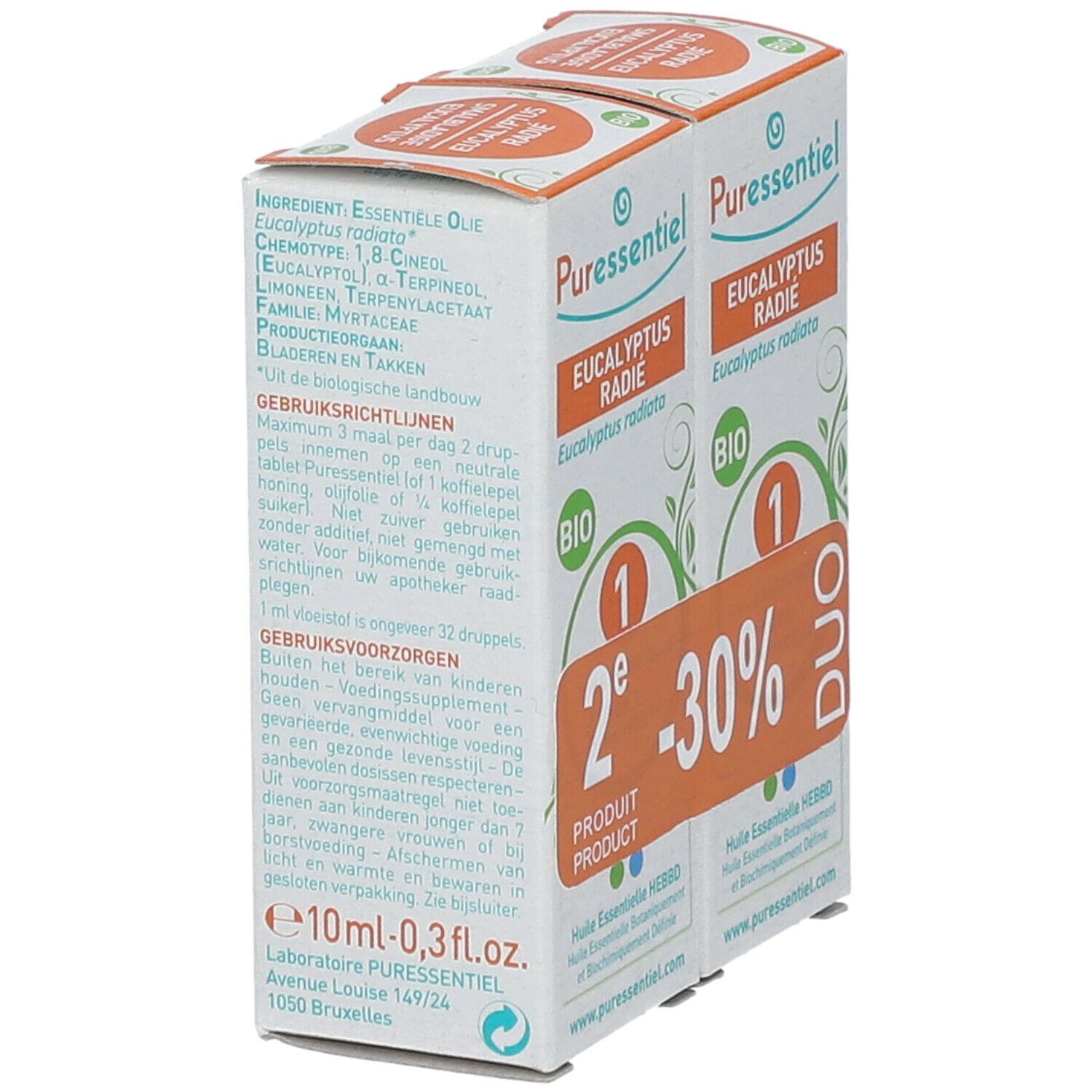 Due confezioni Puressentiel Eucalipto BIO. Testo e ingredienti sul lato. Marchio BIO.