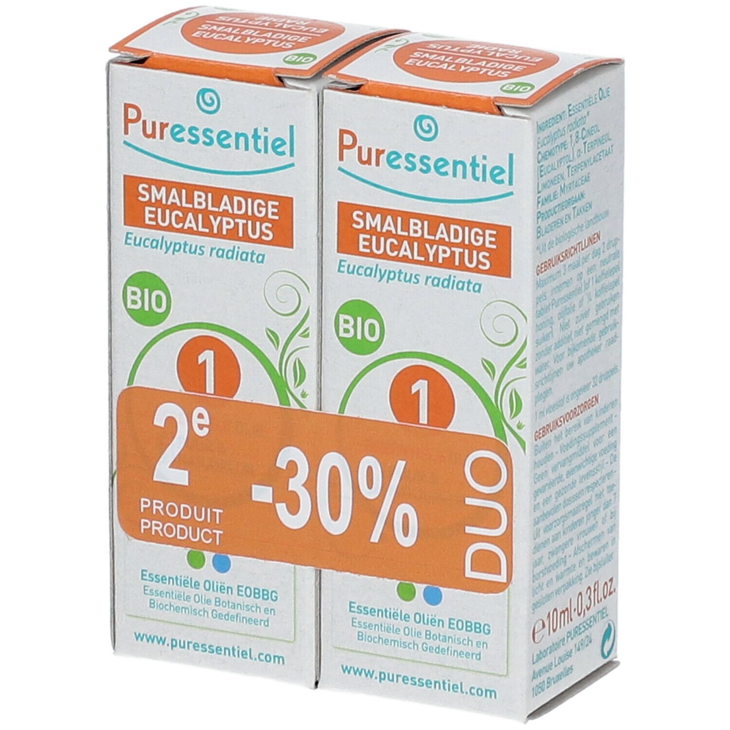 Due confezioni Puressentiel Eucalipto BIO. Etichetta arancione "2° prodotto -30%". Marchio BIO.